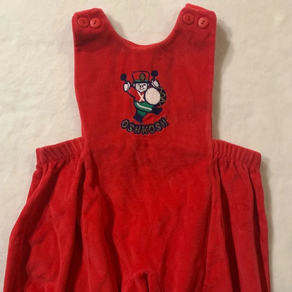OshKosh B'gosh Red Velour Drummer Boy Embroidered Overalls Christmas Holiday 12m